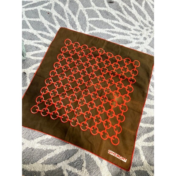 Vintage 1960's Givenchy Square Linen Hand Rolled Scarf in Brown and Orange - Picture 1 of 3